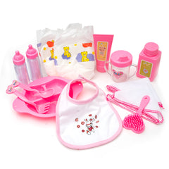 HappyVk 14-Piece Doll Accessory Set with bottles and diapers for imaginative care.