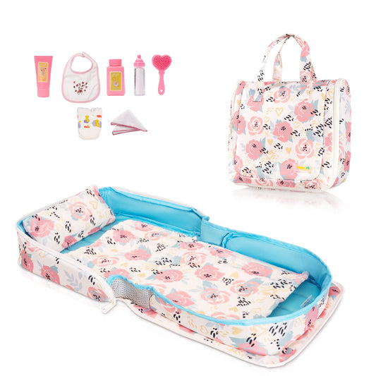 HappyVk baby doll bed bassinet with pink roses provides a sleep space for dolls up to 21 inches.