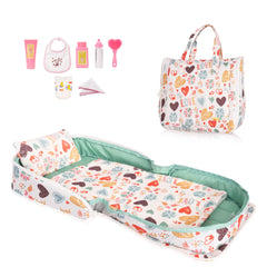 HappyVk Baby Doll Bed Set handbag-convertible for portable pretend play with dolls up to 21 inches.