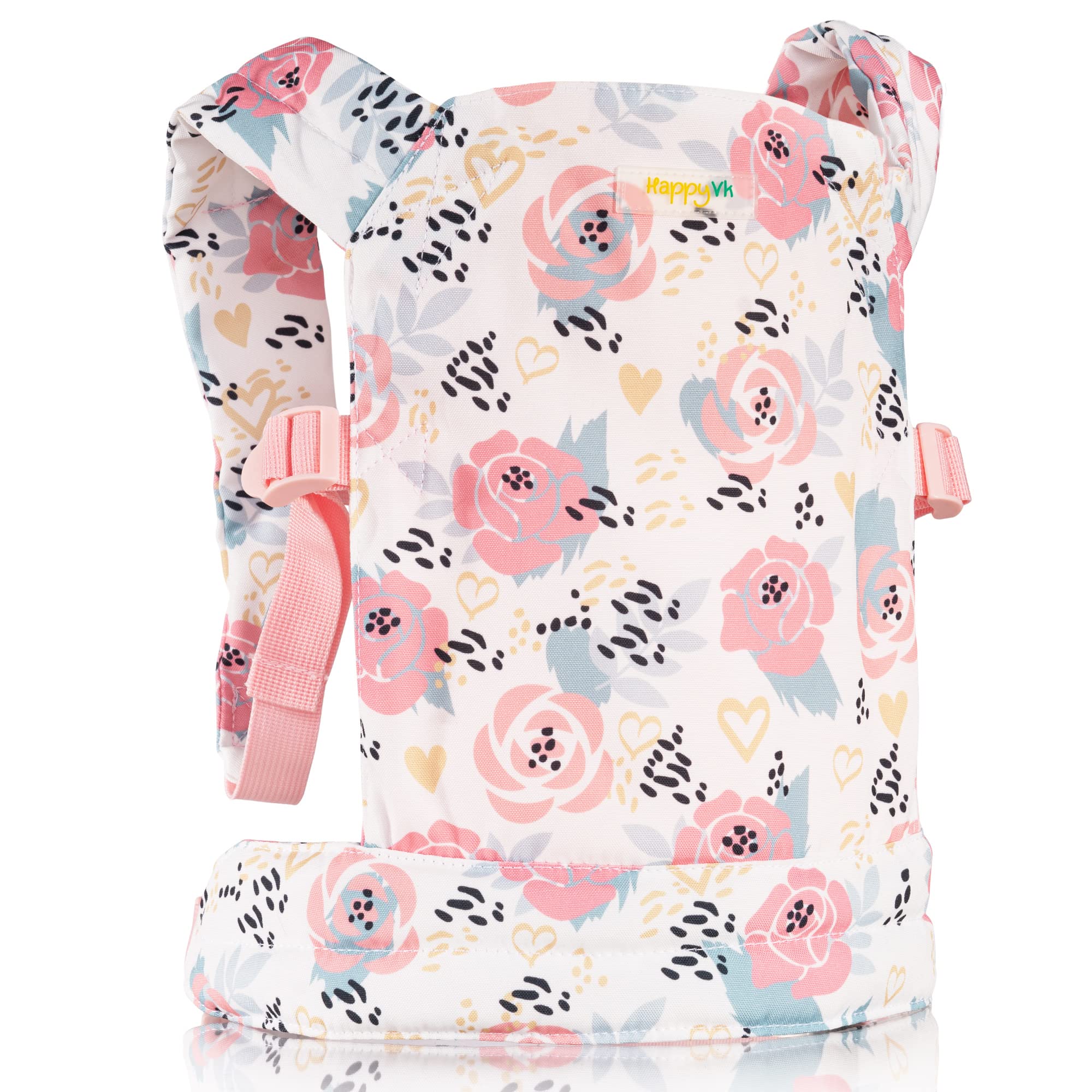 HappyVk baby doll carrier with pink roses, ideal for imaginative play and secure front-carrying.