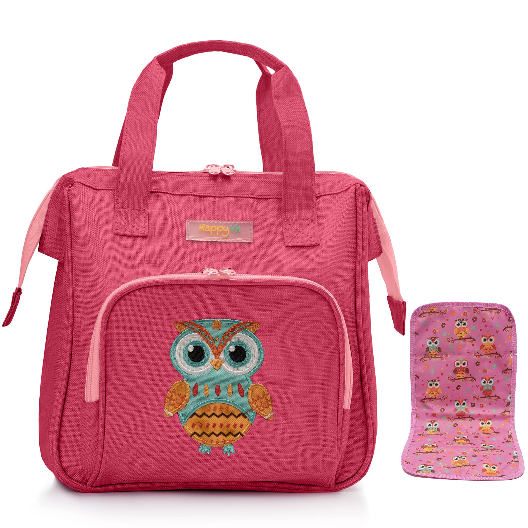 HappyVk baby doll diaper bag with owl embroidery front view for imaginative play