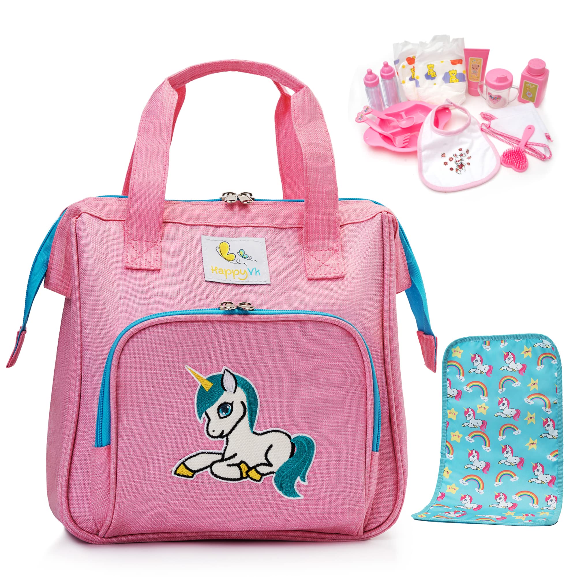 HappyVk Baby Doll Diaper Bag Unicorn Embroidery for organized play.