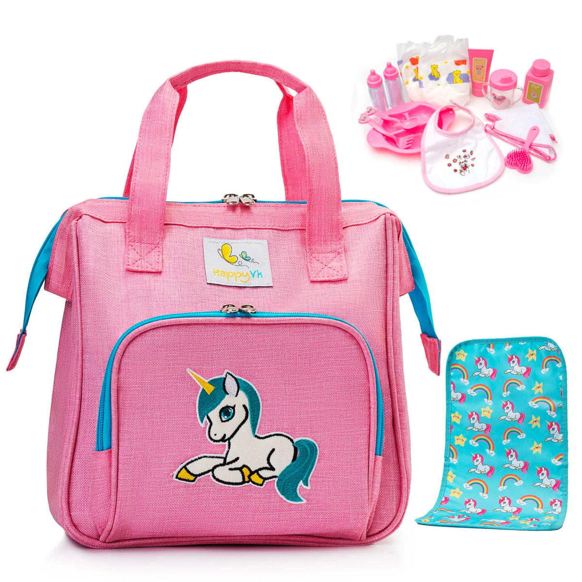 HappyVk Baby Doll Diaper Bag Unicorn Embroidery for organized play.