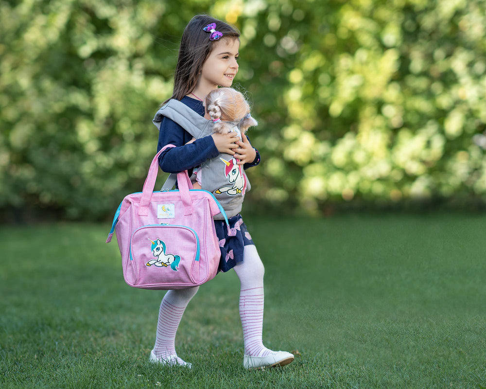 HappyVk doll bag in use during pretend play with multiple pockets