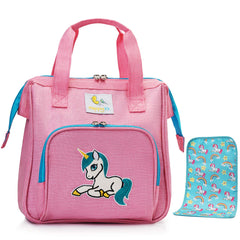 HappyVk pink doll diaper bag with changing pad front view showing spacious main compartment for doll accessories