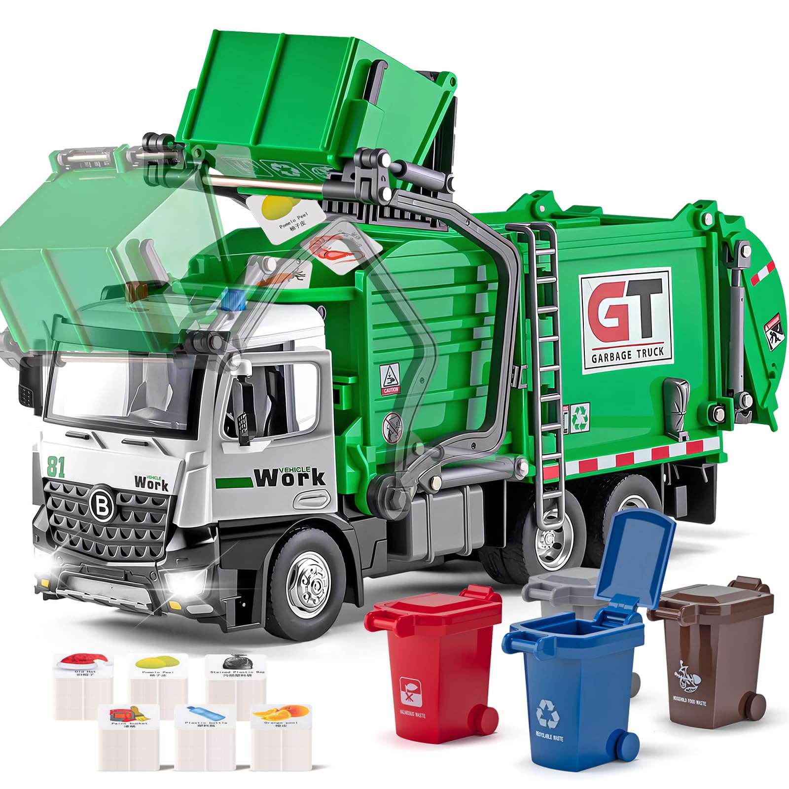 HAPYAD garbage truck with metal cab offers durable, kid-friendly play.