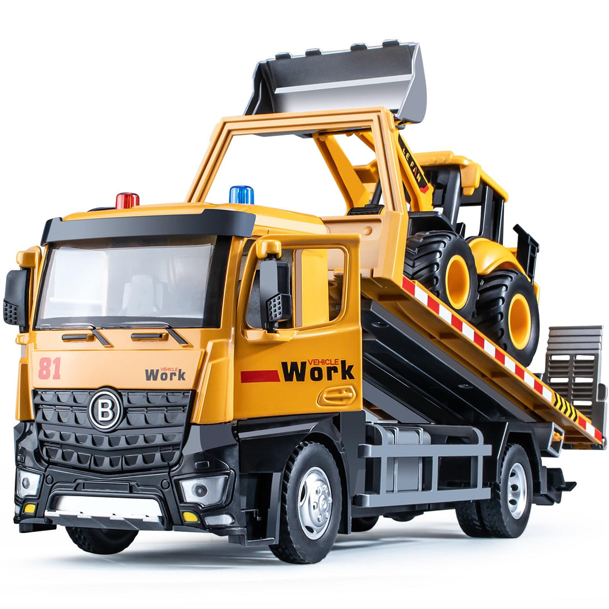 HAPYAD tow truck with metal cab highlights sturdy construction for rugged play.
