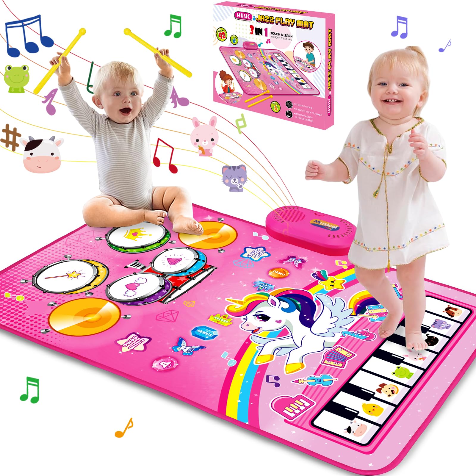 Hapyland baby music mat showing piano and drum sections for toddler play and exploration