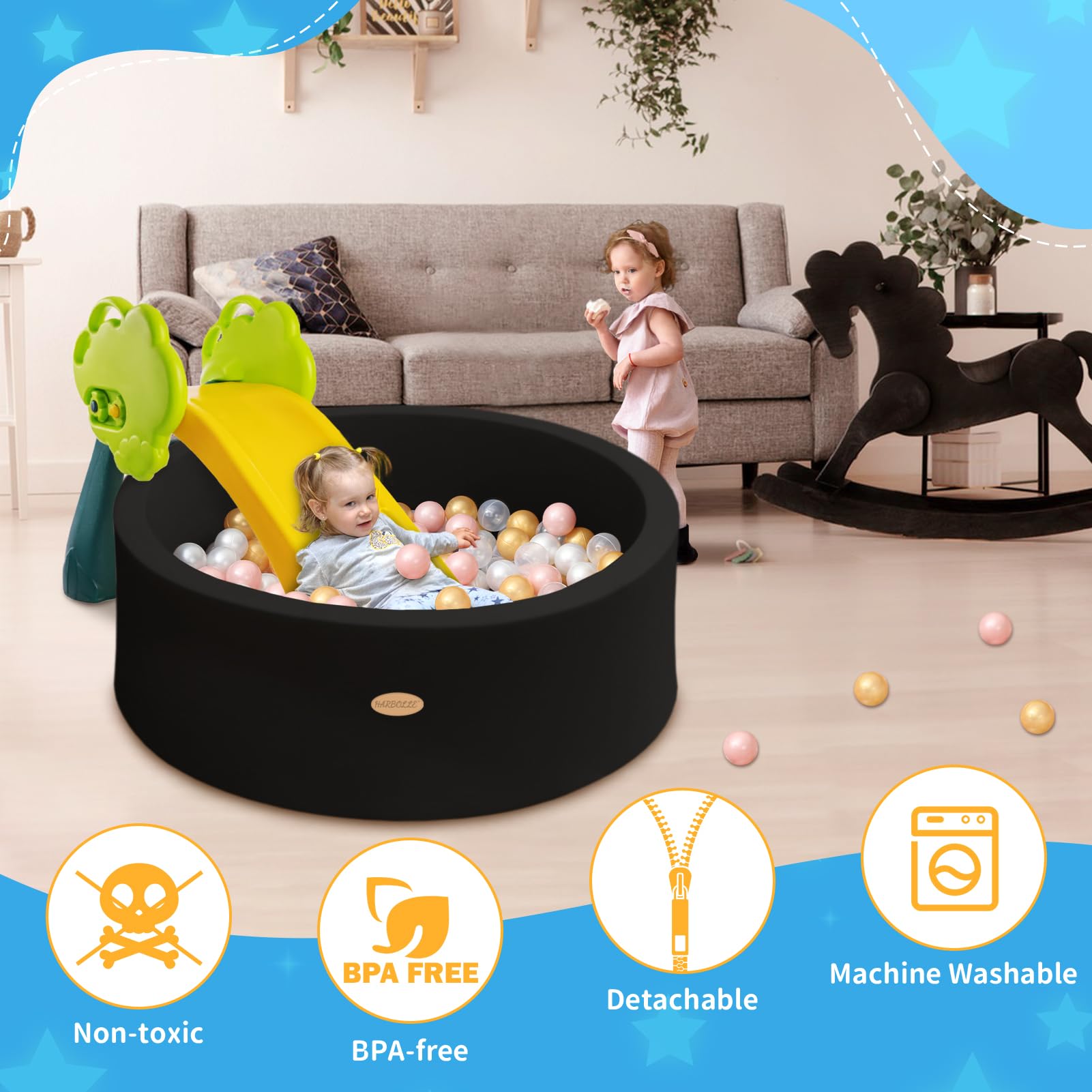 Harbolle ball pit with detachable pad and durable zipper for cleaning