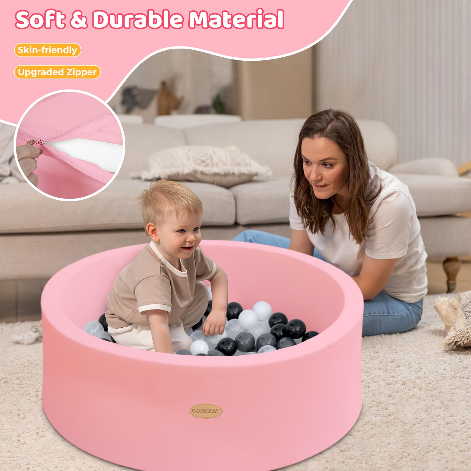HARBOLLE memory foam pit edge close-up, pink safety cushioning.