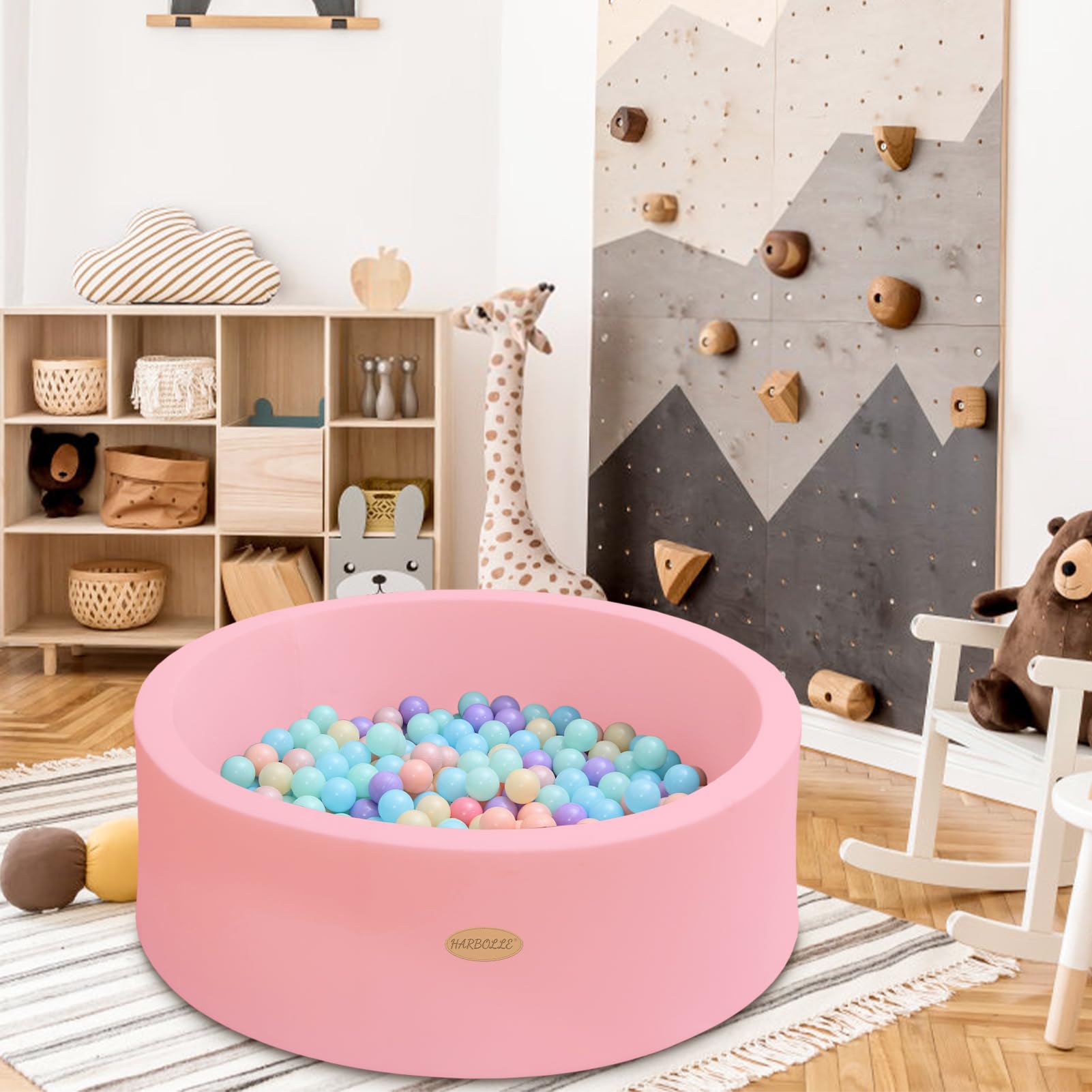 HARBOLLE room-decor compatible ball pit, soft pink glow.