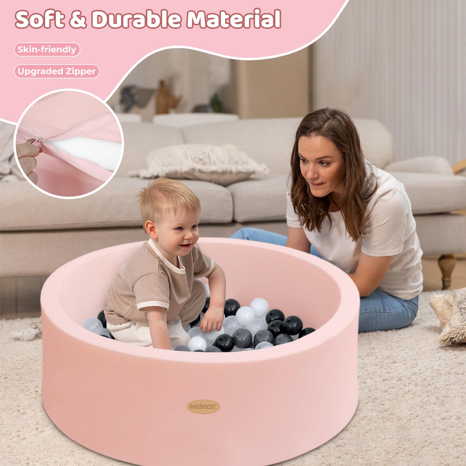 HARBOLLE Ball Pit wall height 11.8 inches creates cushioned boundaries.