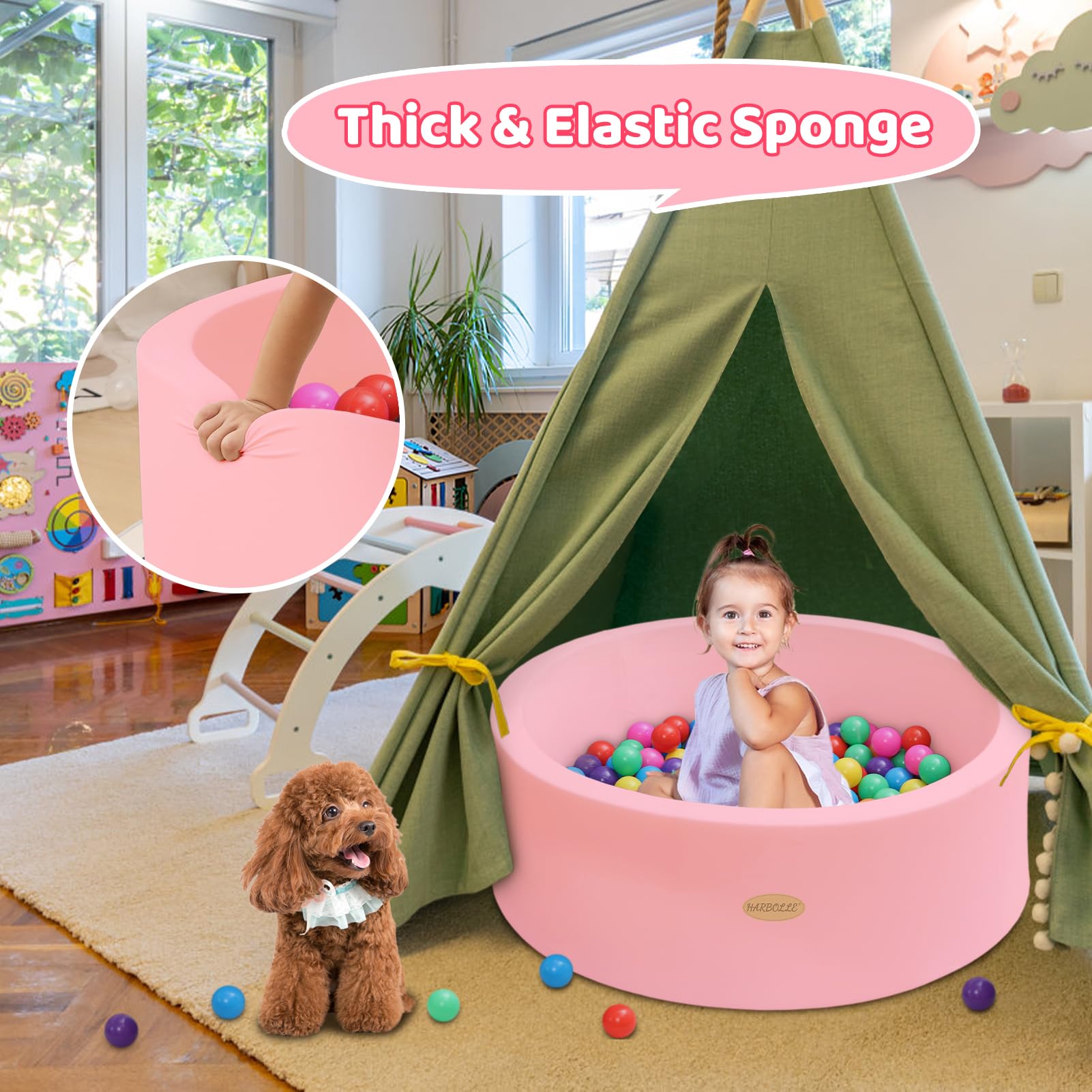 HARBOLLE ball-pit zipper assembly detail in pink offering easy setup.