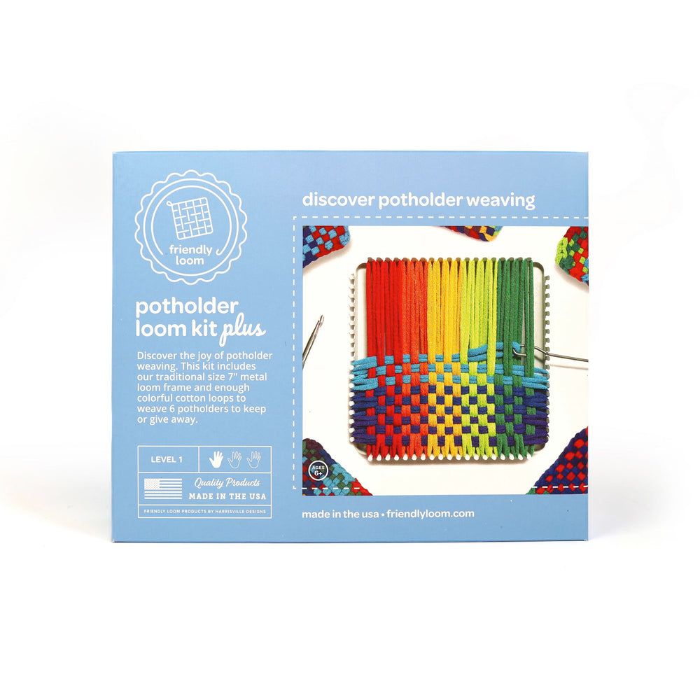 Rainbow cotton loops from Harrisville Designs Friendly Loom kit for colorful potholders.