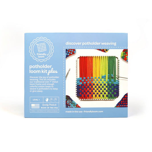 Rainbow cotton loops from Harrisville Designs Friendly Loom kit for colorful potholders.