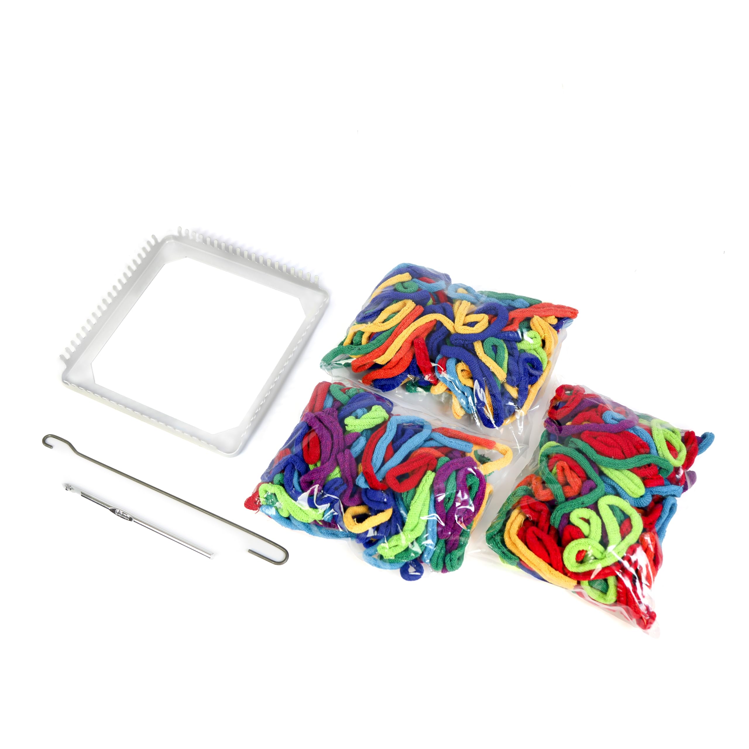 Illustrated instructions guide Harrisville Designs Friendly Loom weaving ideas.