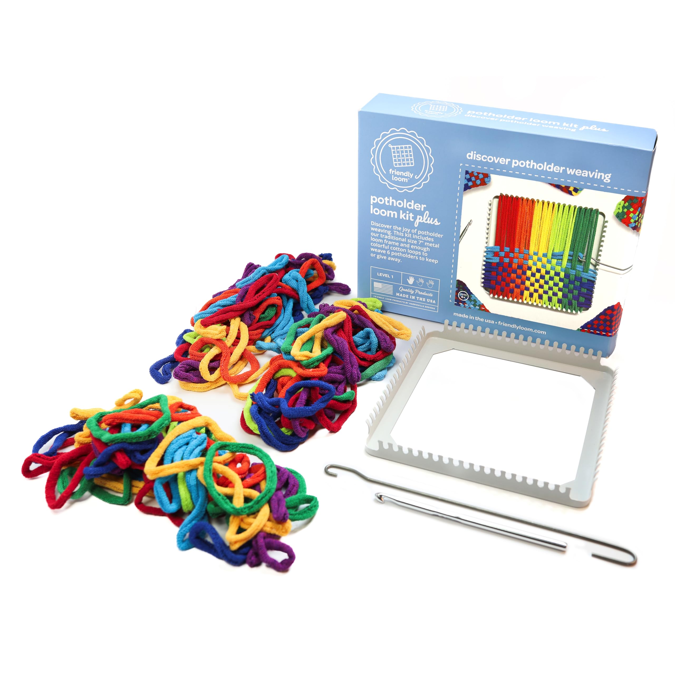 Weaving hook included for loop weaving on the Harrisville Designs Friendly Loom.
