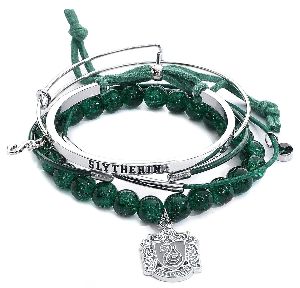 Harry Potter Slytherin arm party bracelet set close-up on polished metal charms for daily fandom style
