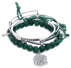 Harry Potter Slytherin arm party bracelet set close-up on polished metal charms for daily fandom style