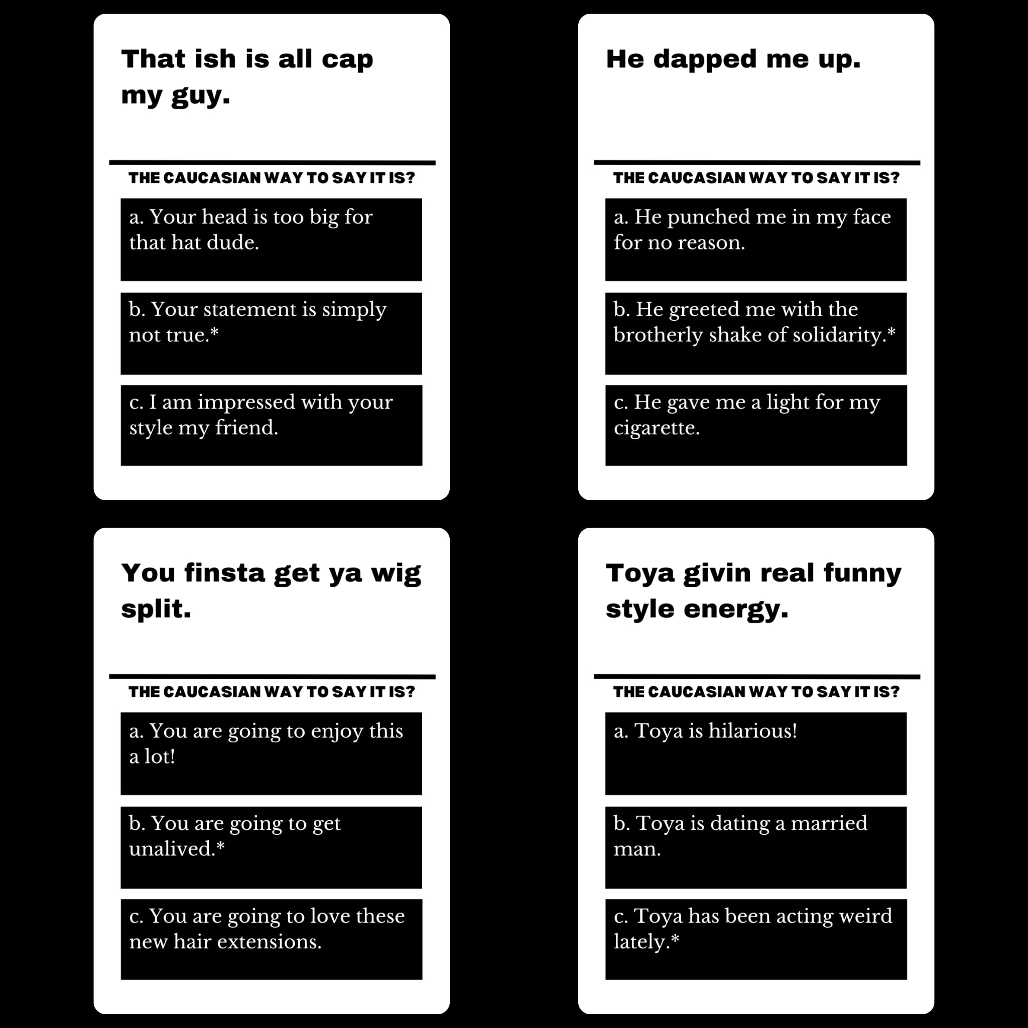 HARSTCO GAMES 99 Black Slang Phrases inside view with 125 cards