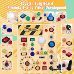 HarVow Busy Board LED lights close-up showing colors and patterns for sensory exploration.