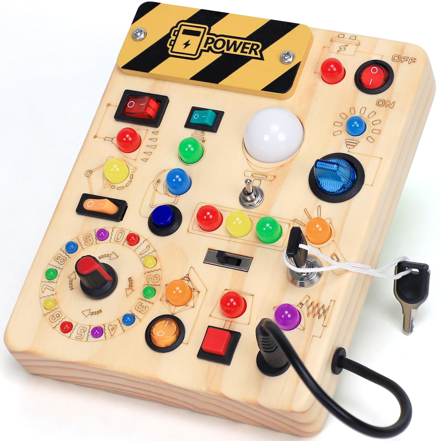 HarVow Busy Board with 13 LED switches for engaging toddler play and learning.