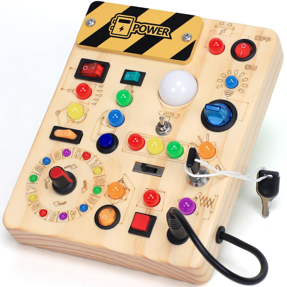 HarVow Busy Board with 13 LED switches for engaging toddler play and learning.