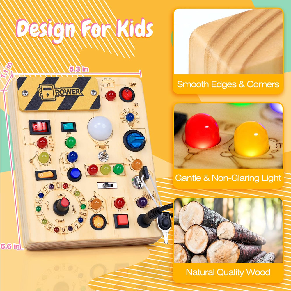 HarVow Busy Board solid natural wood with smooth edges for safe play.