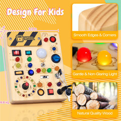 HarVow Busy Board solid natural wood with smooth edges for safe play.