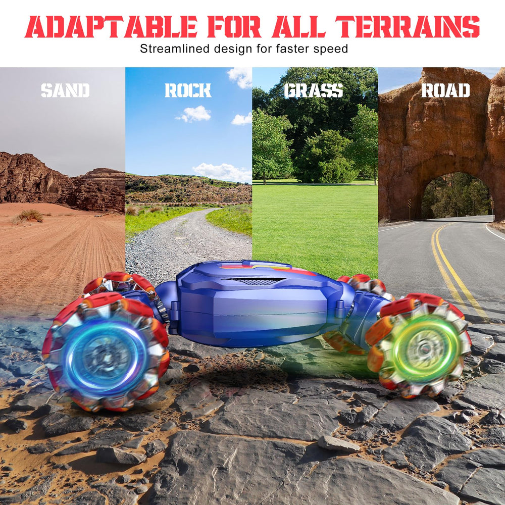 HarworLife RC stunt car with glowing wheels lighting the track.