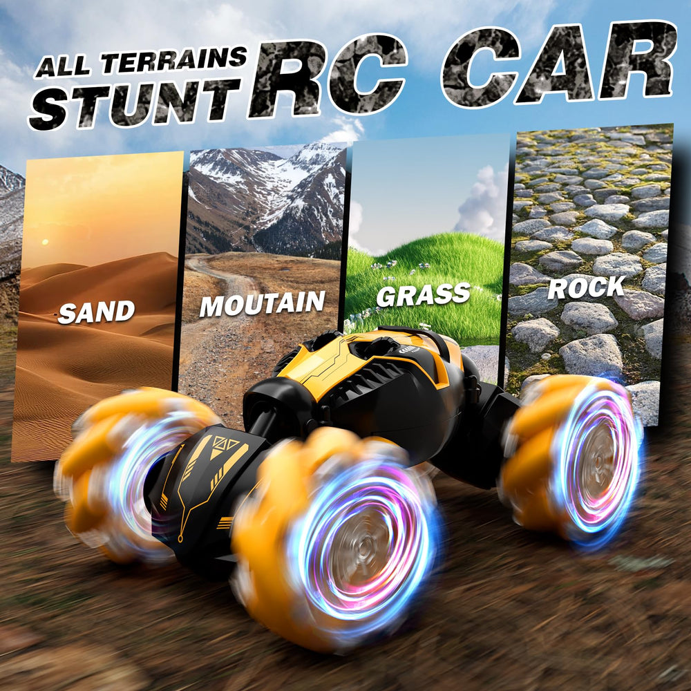 HarworLife RC car features LED lights and music for immersive adventures.