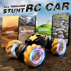 HarworLife RC car features LED lights and music for immersive adventures.