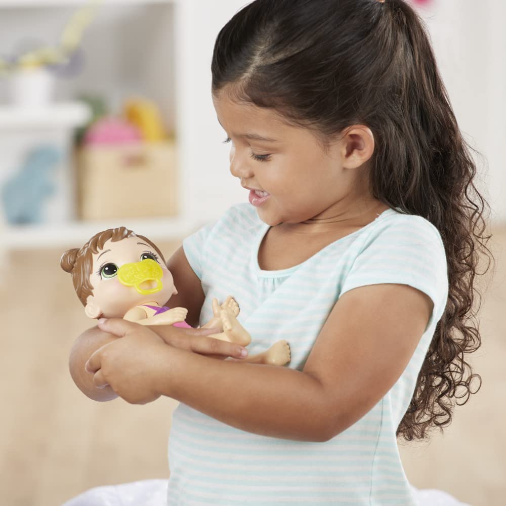 Close-up of Hasbro Baby Alive Splash'n Snuggle brown hair face for lifelike expression