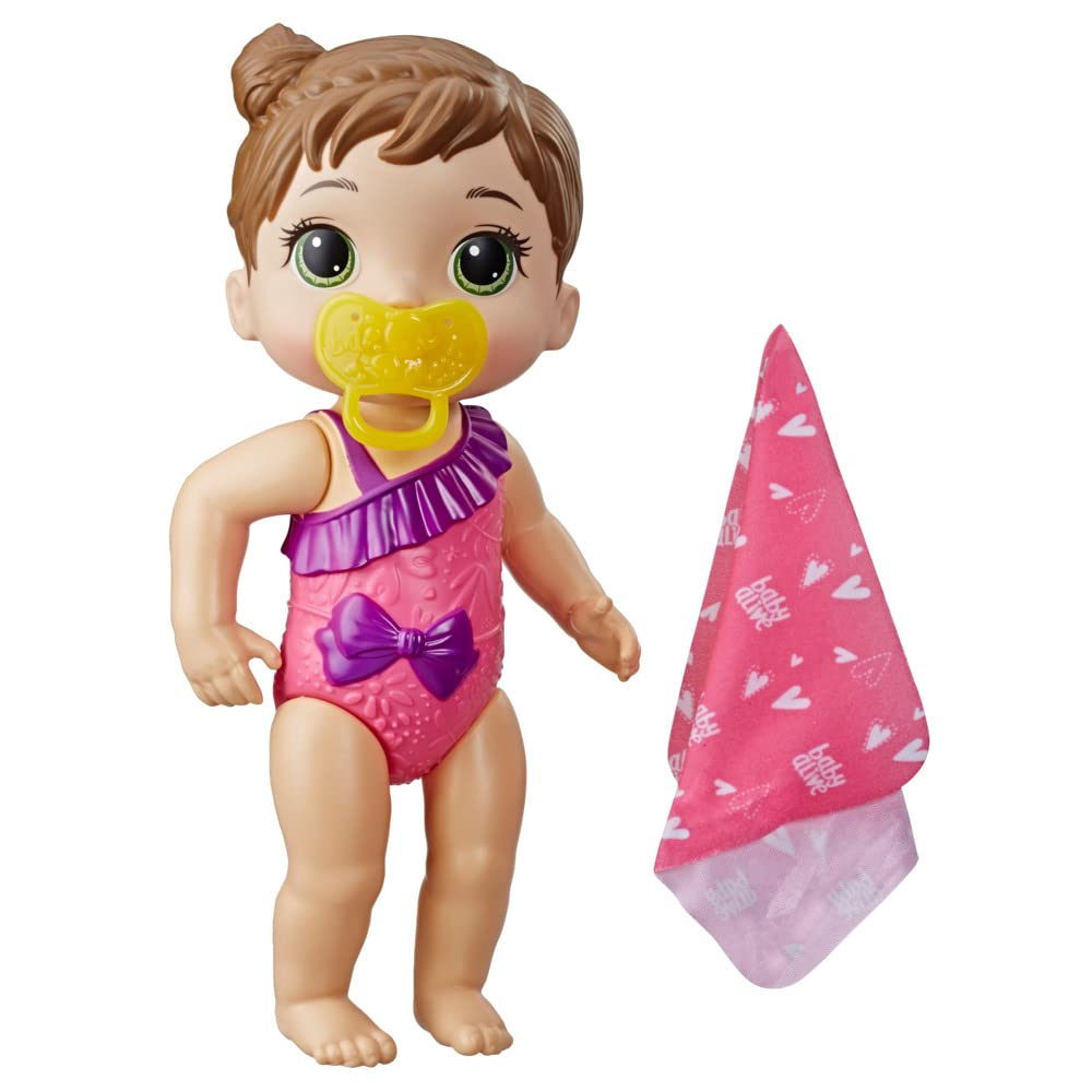 Hasbro Baby Alive Splash'n Snuggle doll splashing in water with accessories