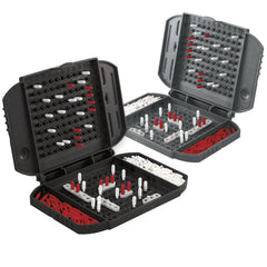 Hasbro Battleship Grab & Go ship setup on the grid enables quick battles.
