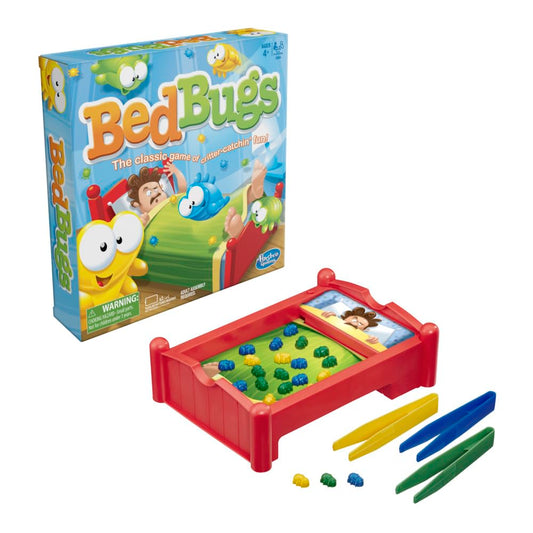 Hasbro Gaming Bed Bugs box open, easy setup for family game night.