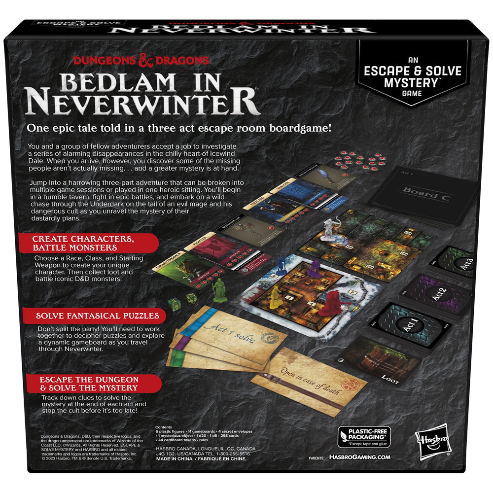 Hasbro D&D Bedlam Neverwinter character creation section shows Race and Class options