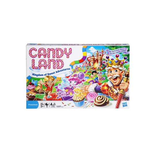 Hasbro Candy Land gingerbread pawns on a rainbow path, inviting color recognition play.