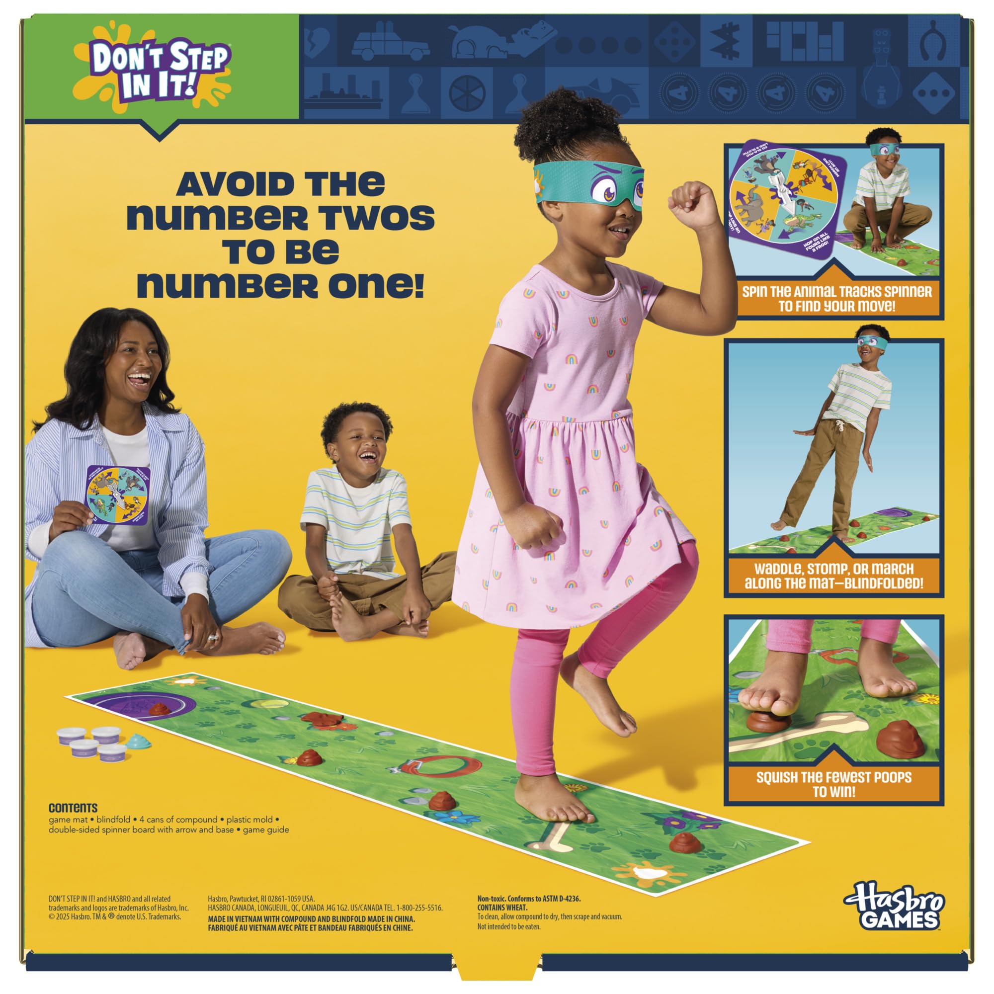 Hasbro Gaming Don't Step in It! Blindfolded player crossing the mat amid giggles