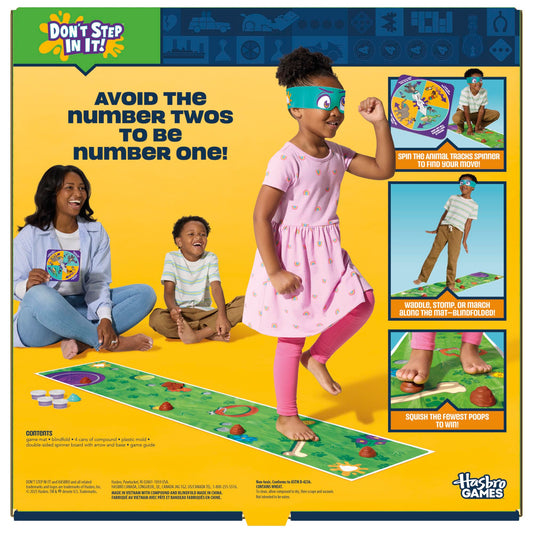 Hasbro Gaming Don't Step in It! Blindfolded player crossing the mat amid giggles