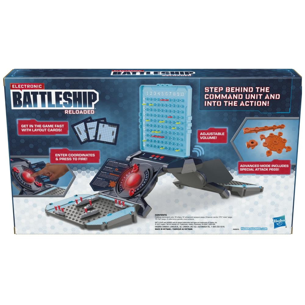 Hasbro Battleship Reloaded suitable for ages 8 and up, with solo play option.