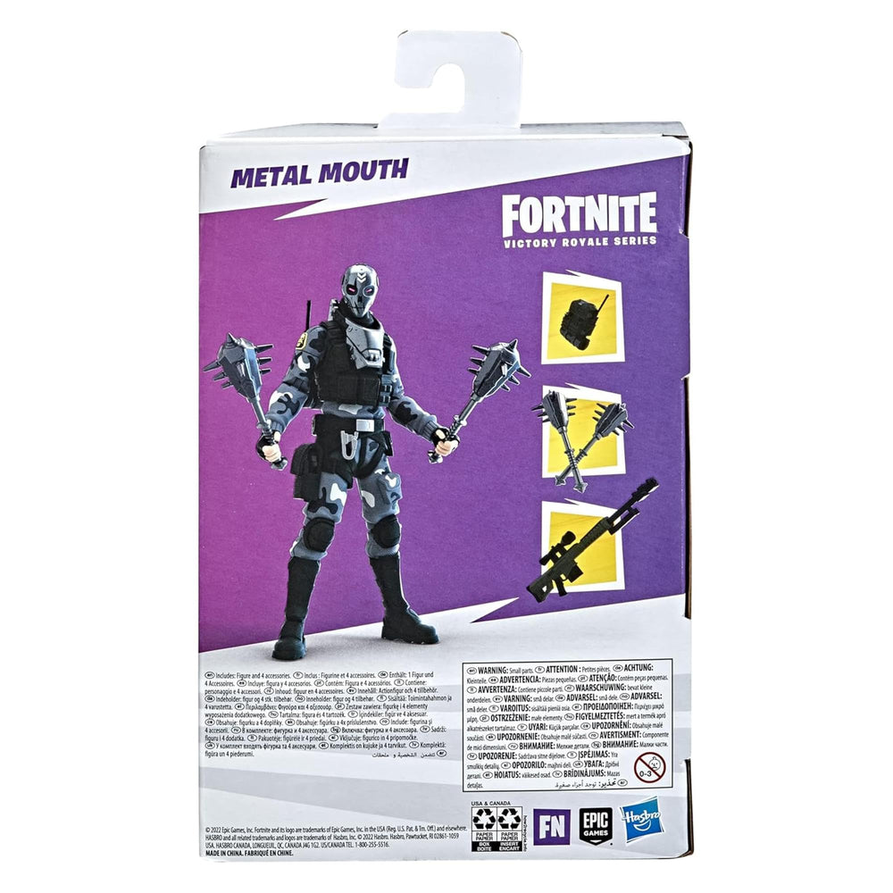 Hasbro Fortnite Metal Mouth figure shows game-level deco and articulation.