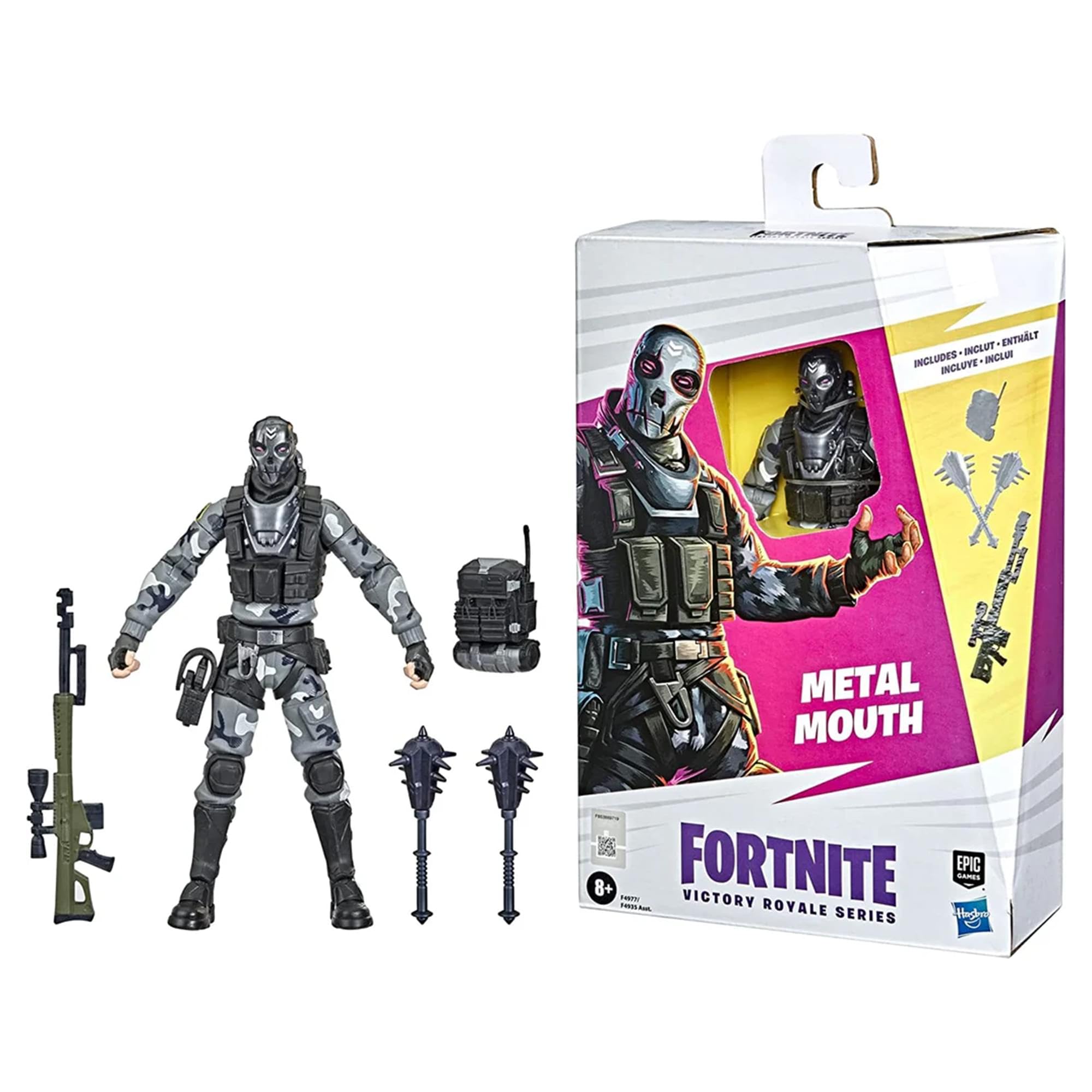 Hasbro Fortnite Metal Mouth figure with two spiked mace tools for customizable battles.