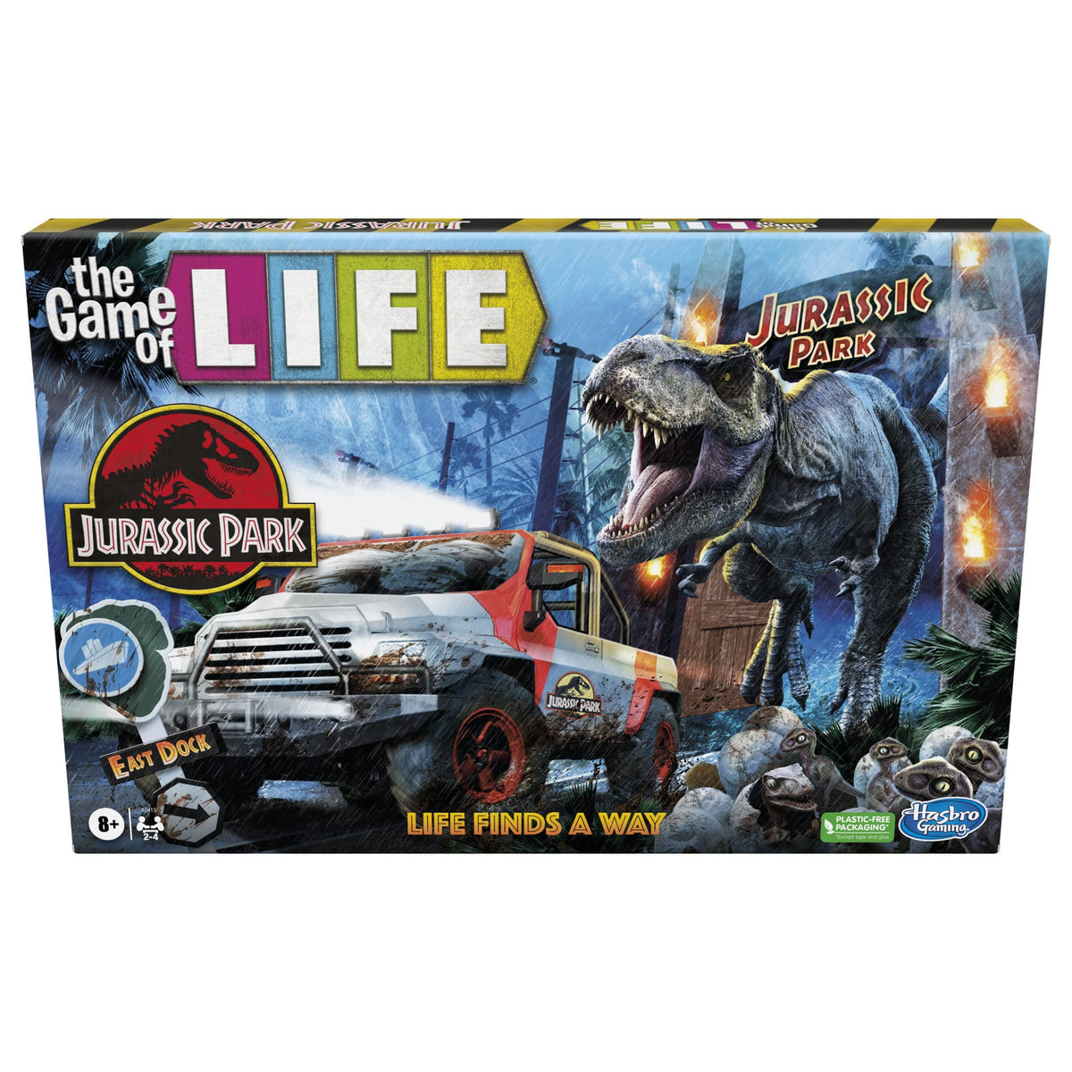 Hasbro Gaming The Game of Life Jurassic Park Edition unboxing evokes movie nostalgia.