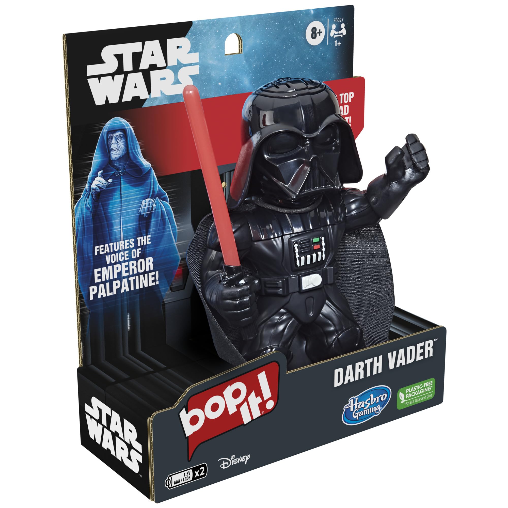 Bop It! Darth Vader Edition showing solo and Pass-It multiplayer modes for flexible play.
