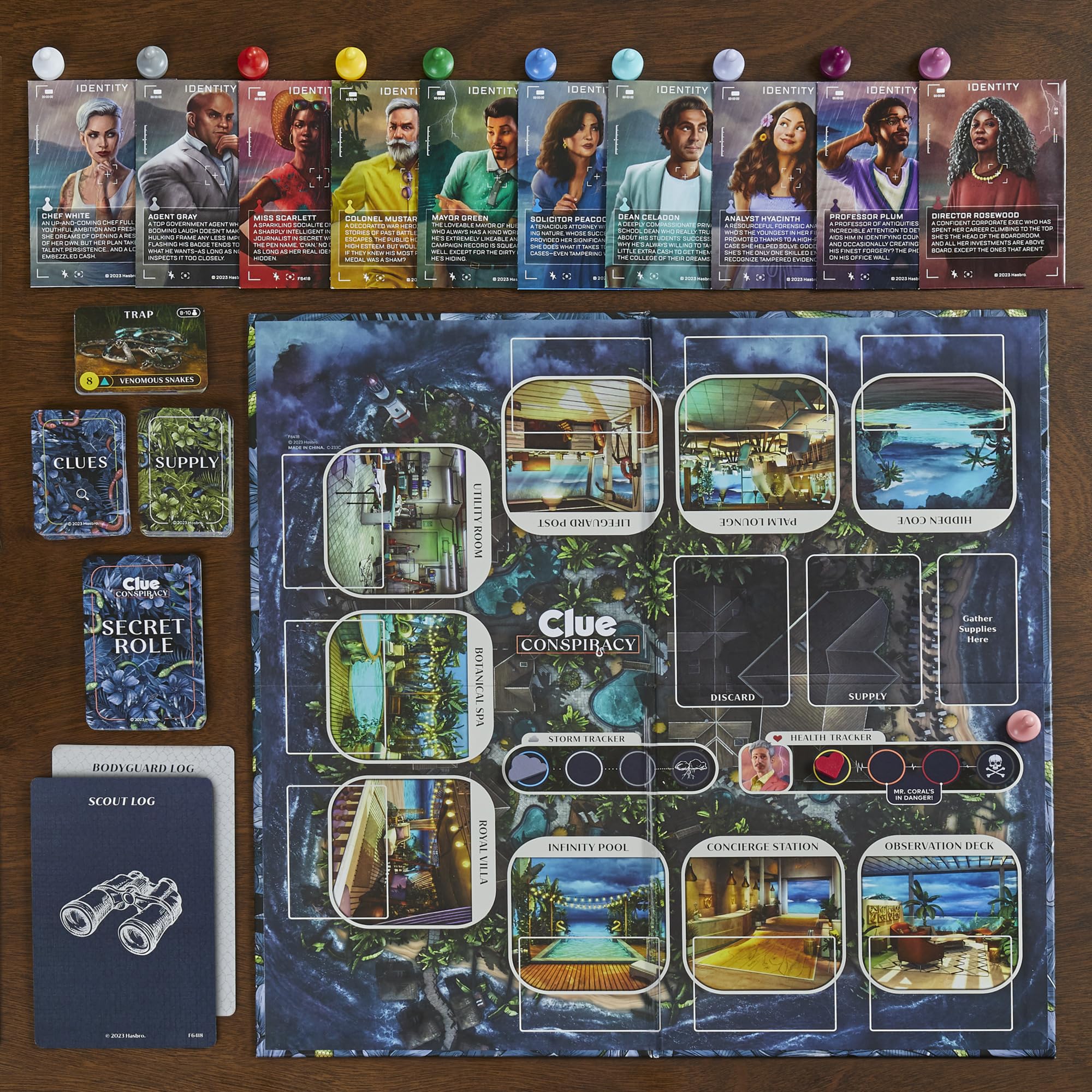 Hasbro Clue Conspiracy game board shows tropical resort setting for immersive clues.
