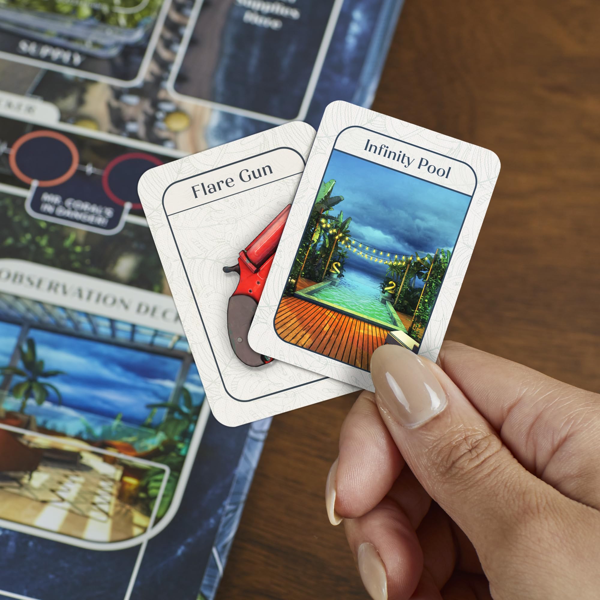 Hasbro Clue Conspiracy tropical resort setting sparks thematic storytelling and role play.