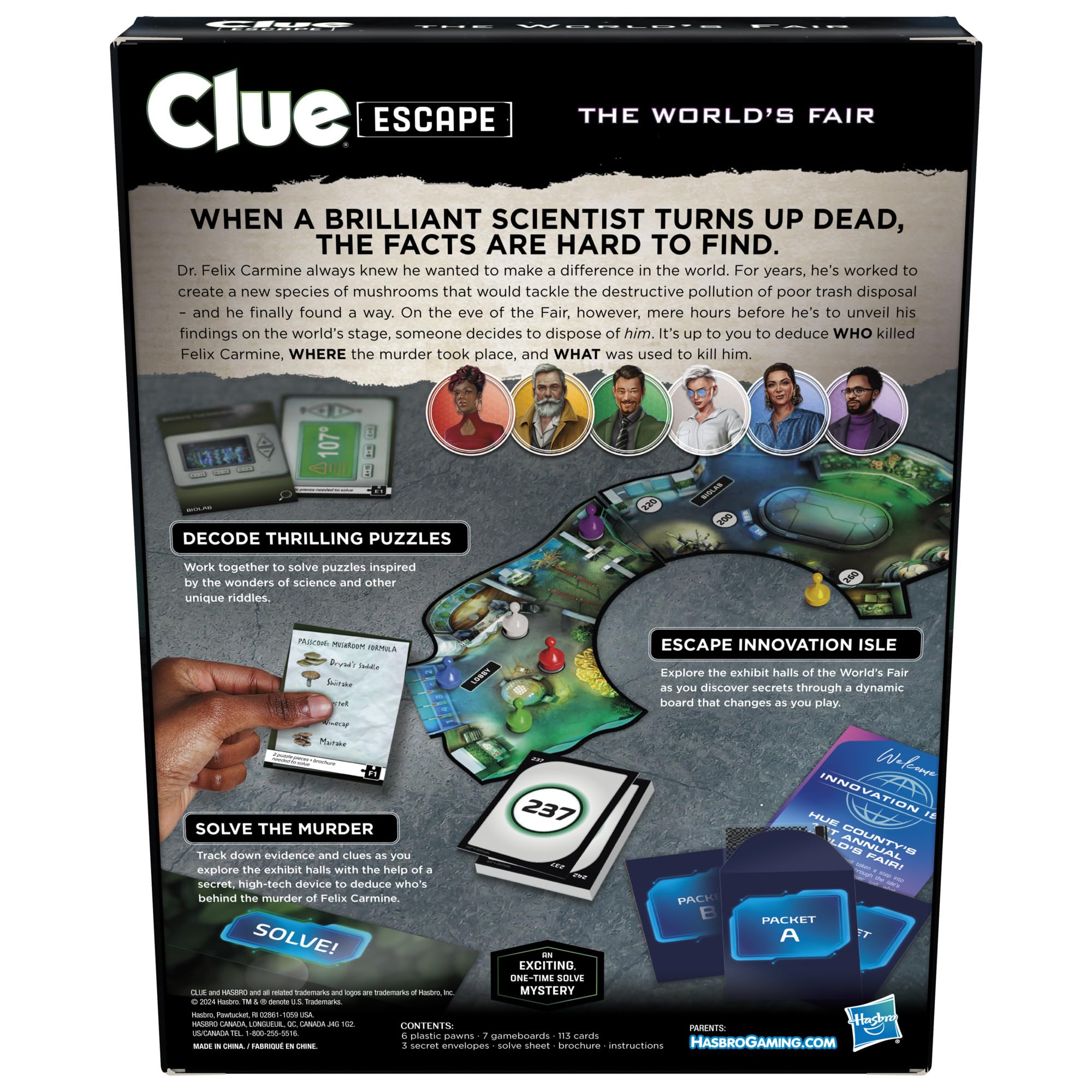Hasbro Gaming Clue Escape World’s Fair pawns moving across the board during play.