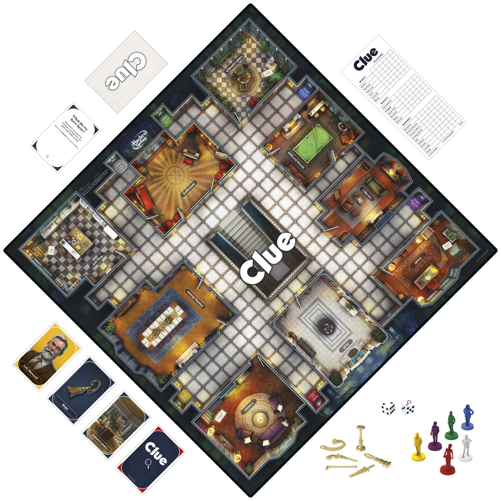 Hasbro Gaming Clue gold-plated weapons tokens add premium detail.