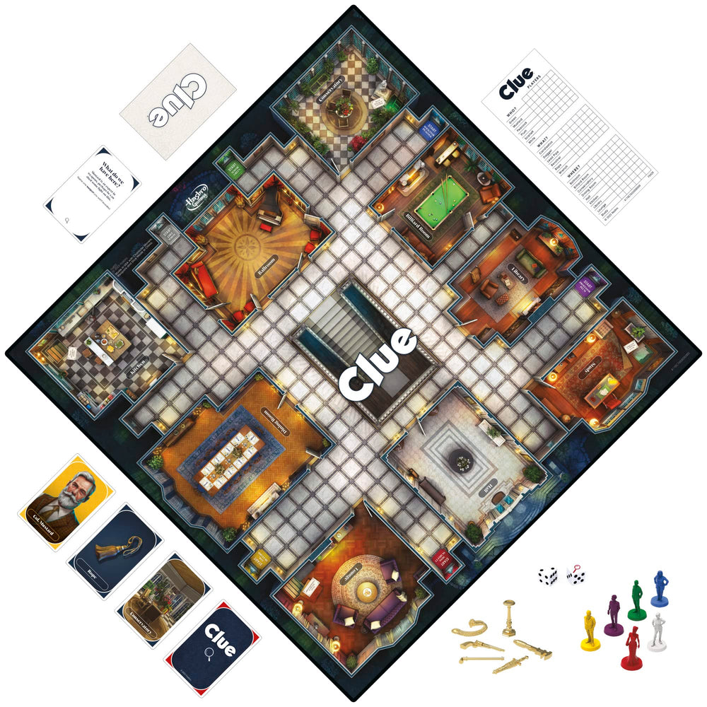 Hasbro Gaming Clue gold-plated weapons tokens add premium detail.